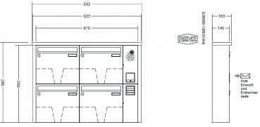 RENZ Briefkastenanlage Aufputz Tetro Kastenformat 370x330x145mm, mit Klingel - & Lichttaster und Vorbereitung Gegensprechanlage, 4-teilig